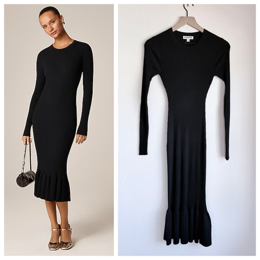 J.Crew Women's Super-Stretch Ruffle Knit Midi Sweater Dress Black NWT XS CP155